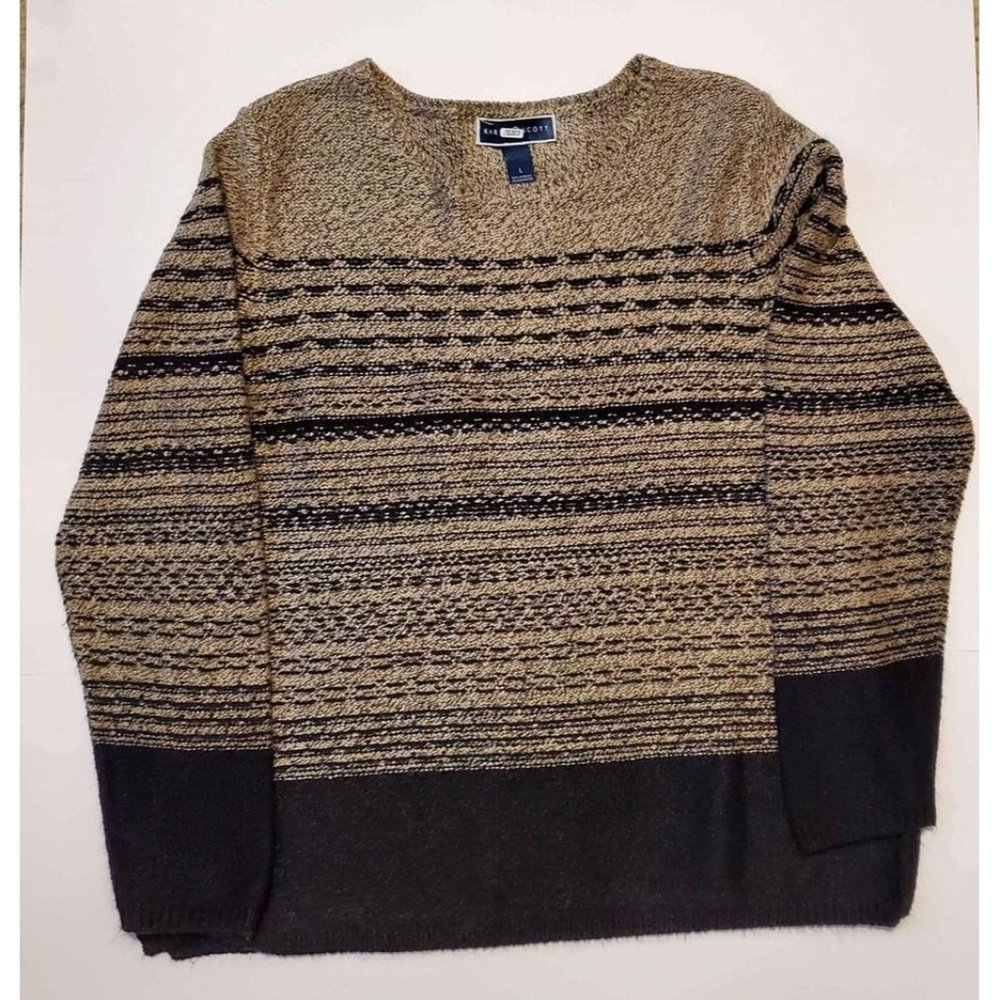 Women's Large Karen Scott Sweater Top for Fall & Winter Fashion Black & Tan